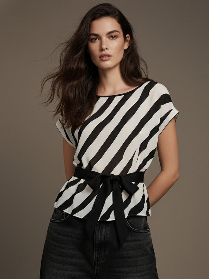 White Dual Striped Top With Waist Tie Up Detail
