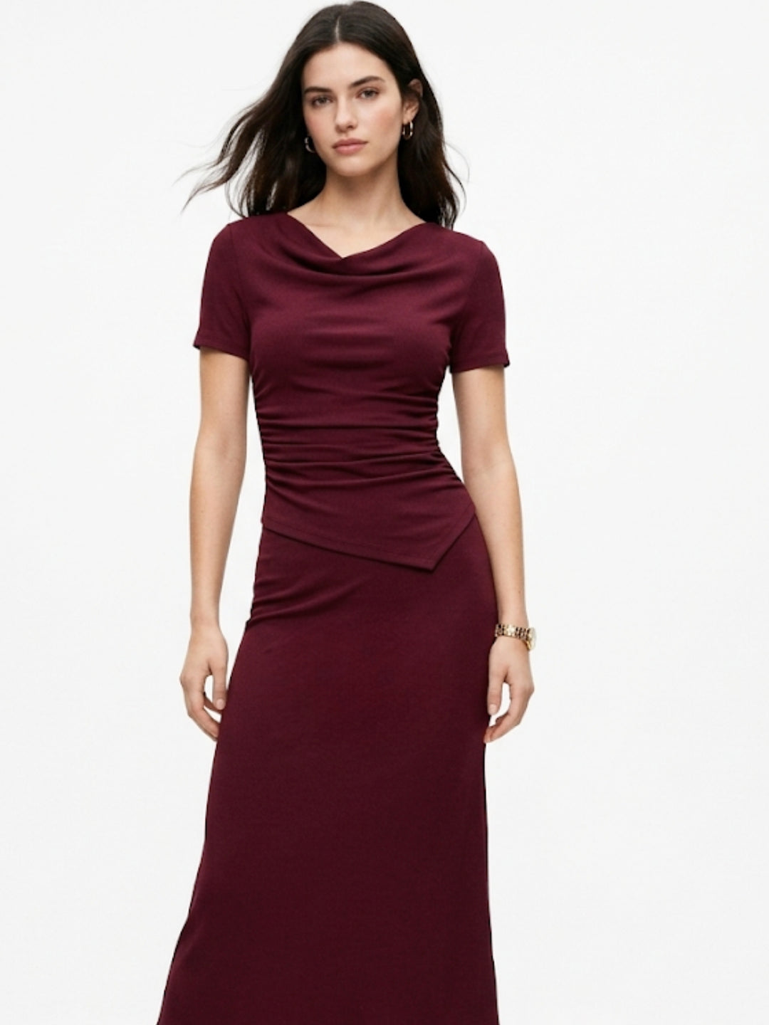 Burgundy High Neck Fitted Top And Fishtail Skirt Co-Ord Set