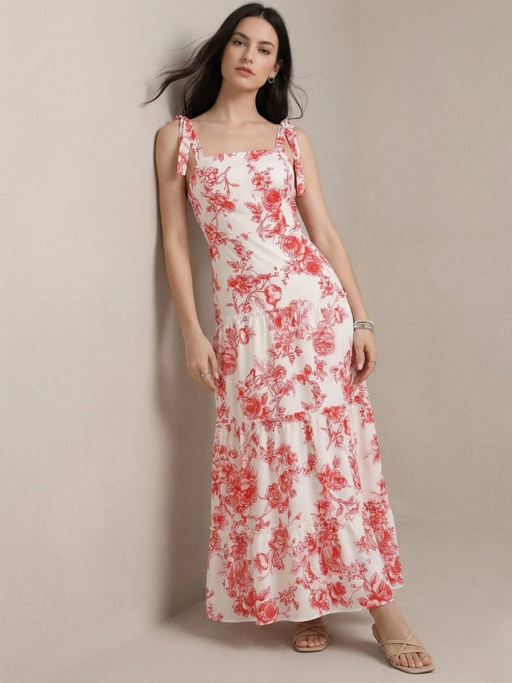 Pink Sleeveless Shoulder Tie-Up Printed Dress