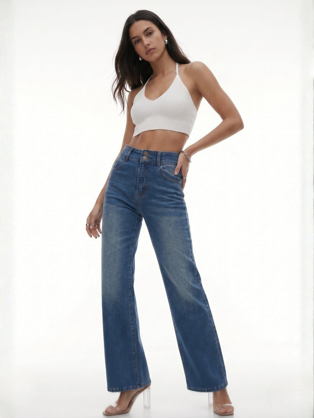 Blue High Waist Wide Leg Jeans