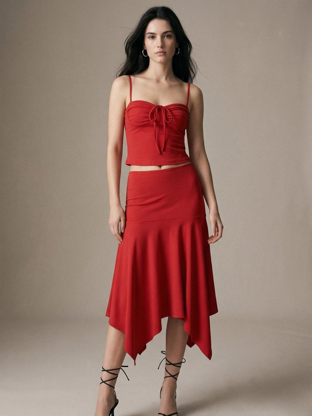 Red Spaghetti Strap Fitted Top And Flared Skirt
