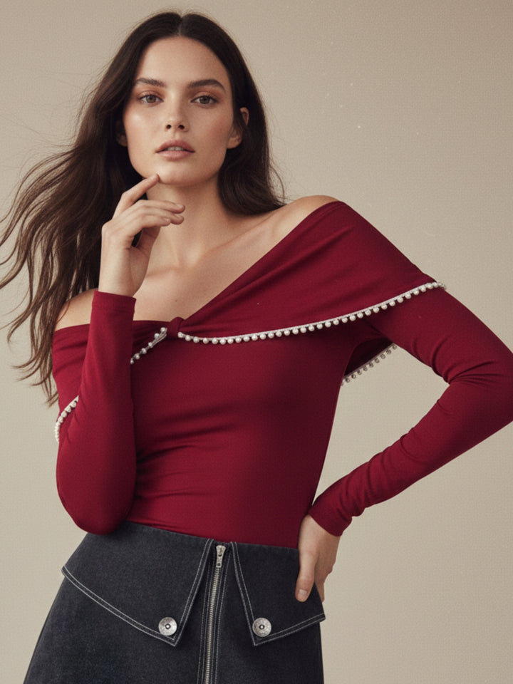 Red Cape Styled Neck With Lace Inserts Top