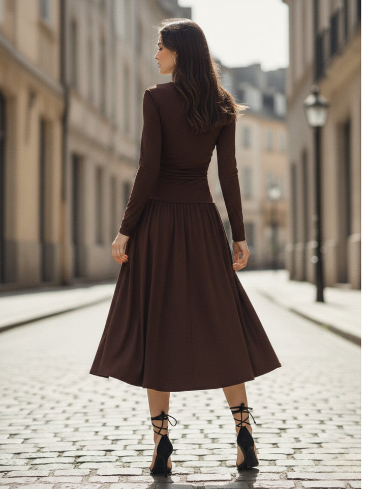Brown Fitted Waist Solid Flared Hem Dress