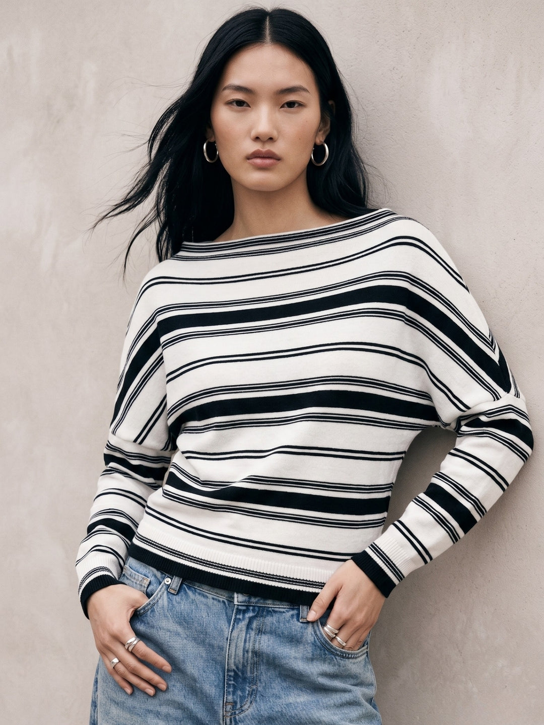 Cream Off-Shoulder Thick Striped Top