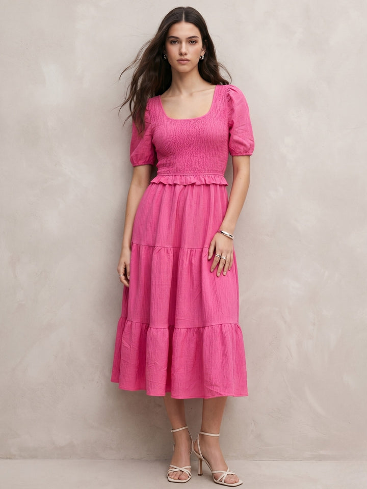 Pink Back Tie-Up Tiered Dress
