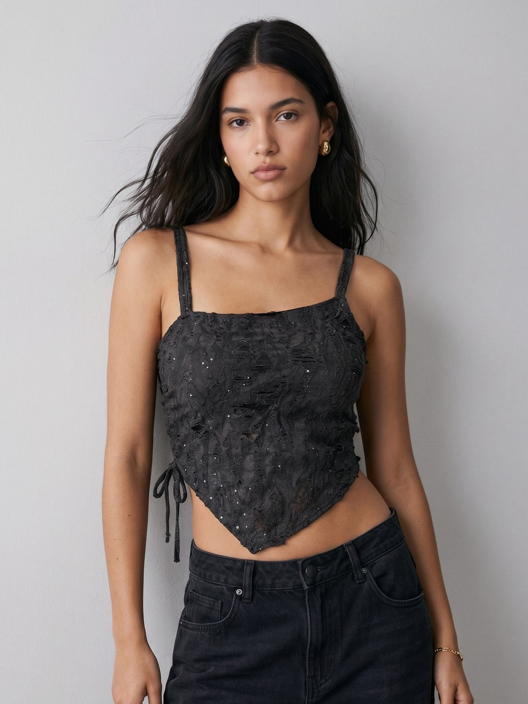 Charcoal Shoulder Strap U Hem Printed Top