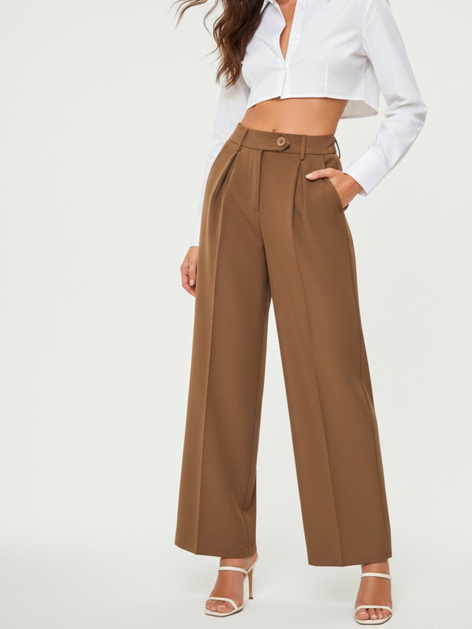 Brown Wide Leg Pleated Pants