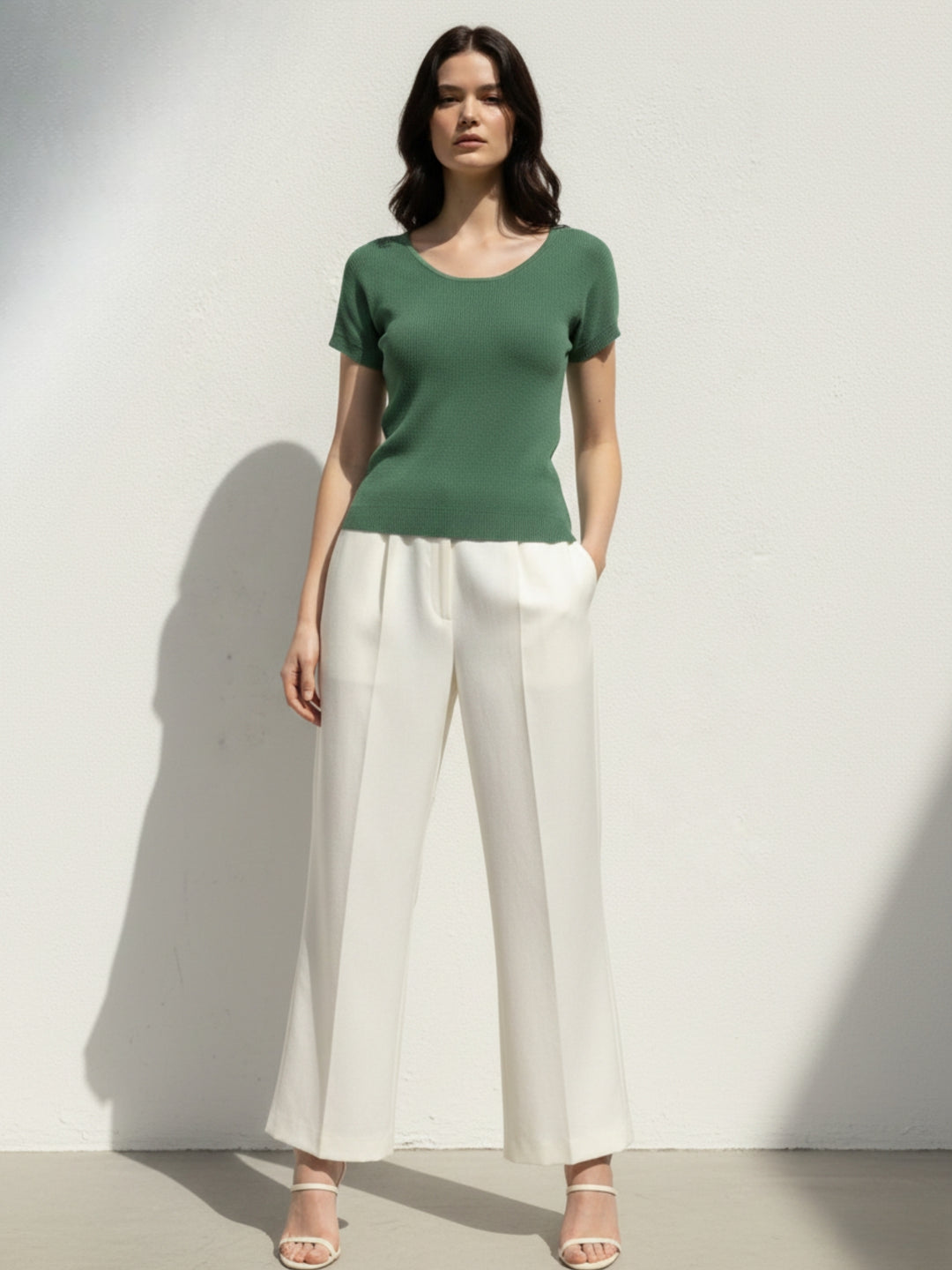 Green Cap Sleeves Round Neck Relaxed Tops