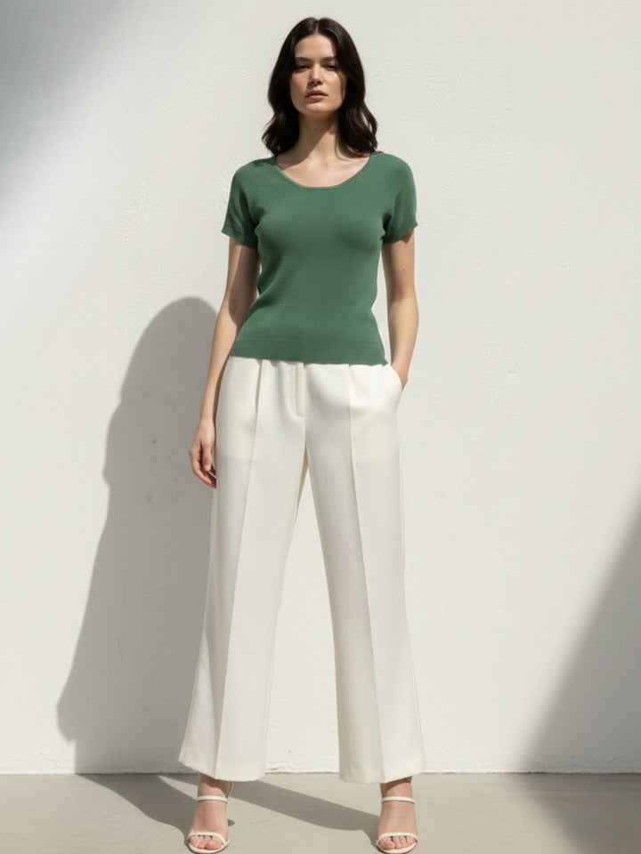 Green Cap Sleeves Round Neck Relaxed Tops
