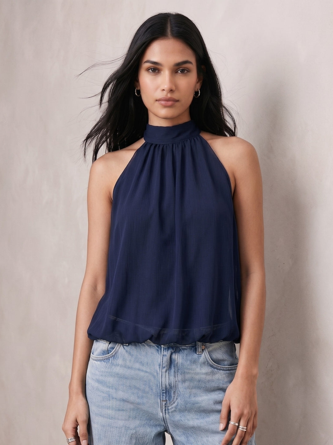 Navy Blue Halter Neck Flouncy Top
