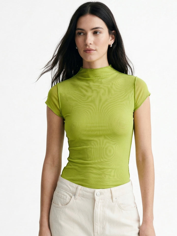 Green Short Sleeve Mock Neck Fitted Top