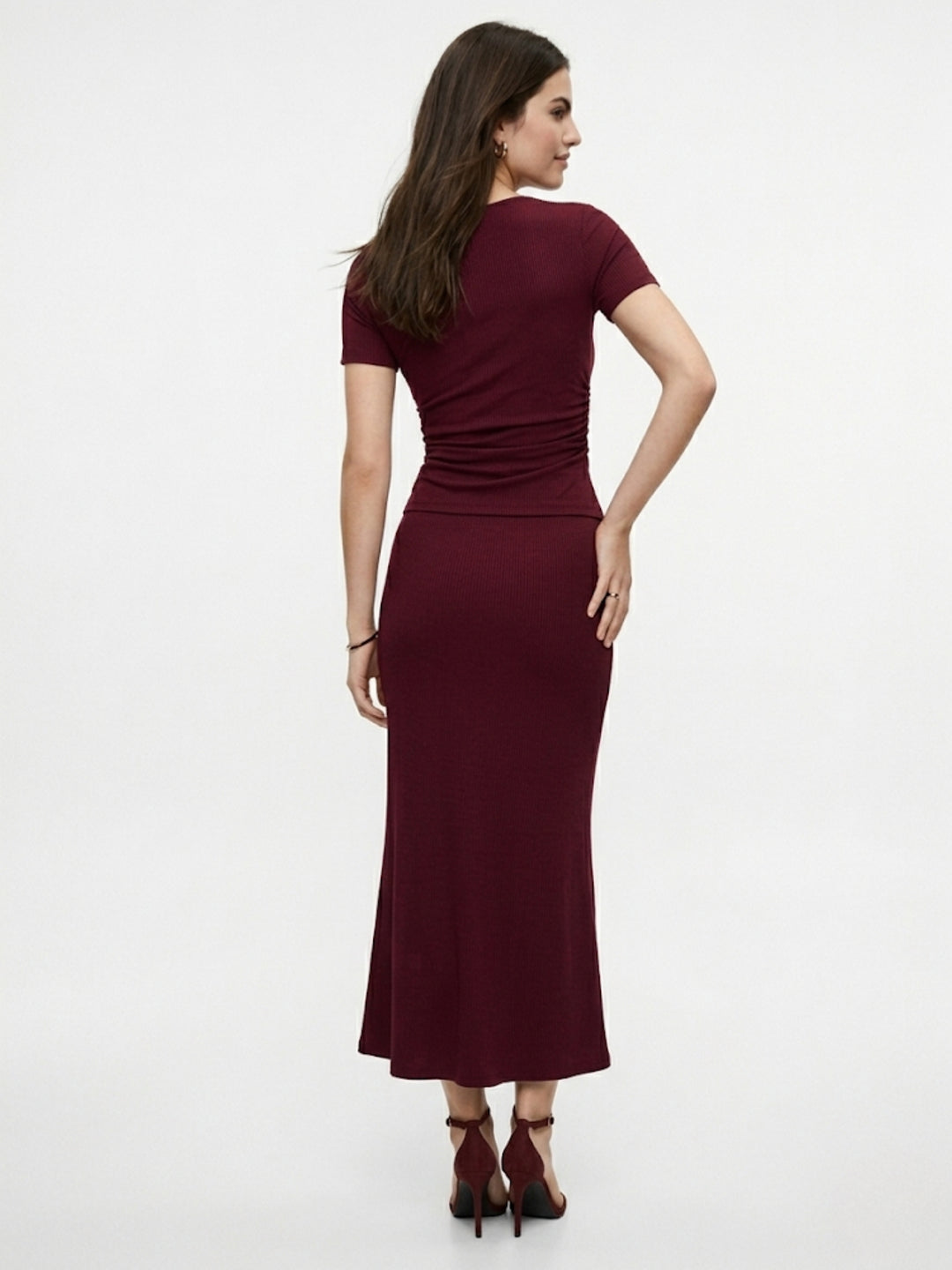 Burgundy High Neck Fitted Top And Fishtail Skirt Co-Ord Set