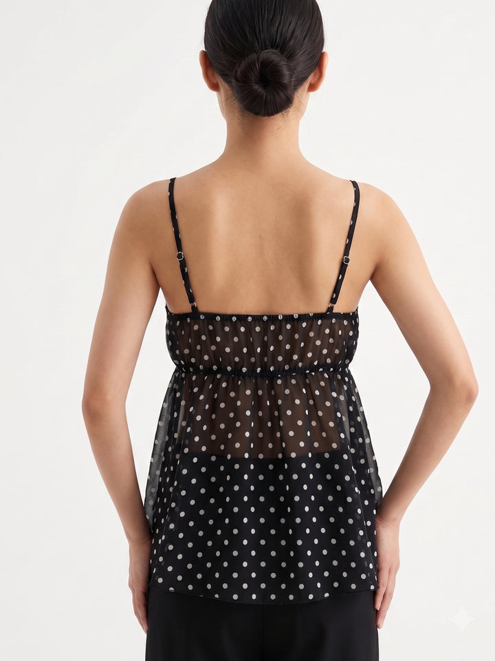 Black Spaghetti Strap Polka Printed Tiered Top