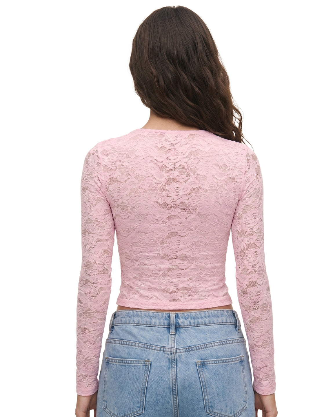 Pink Scoop Neck Lace Fitted Top