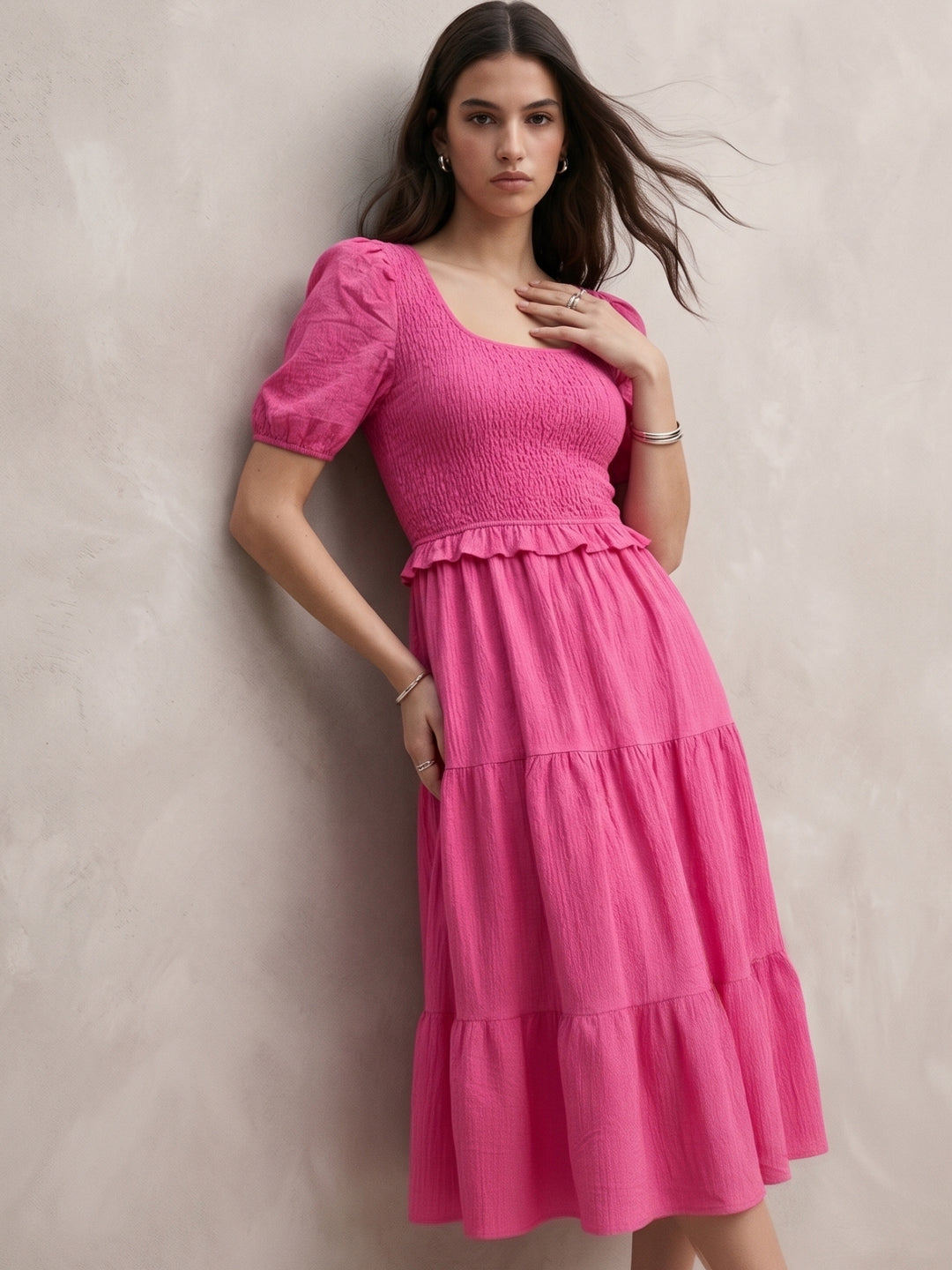 Pink Back Tie-Up Tiered Dress