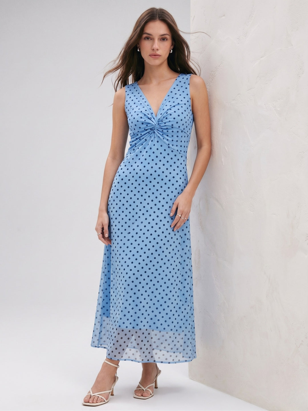 Blue Front Twisted Polka Printed Dress