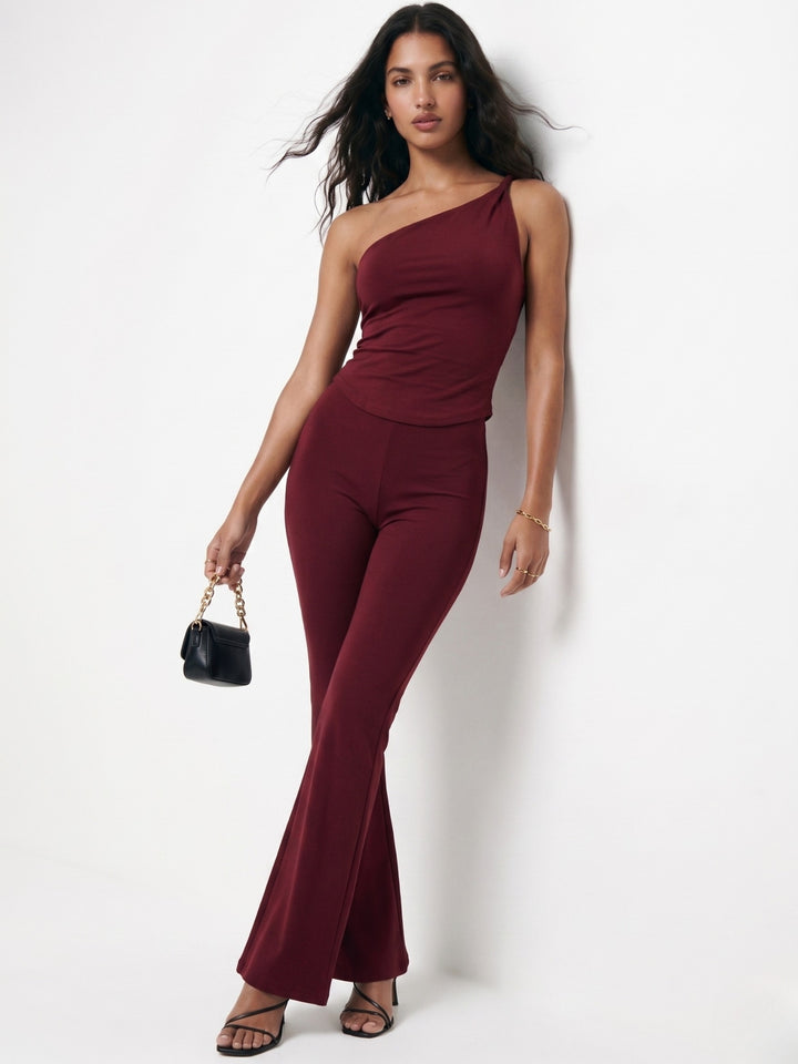 Burgundy One Shoulder Fitted Top And Pant Set
