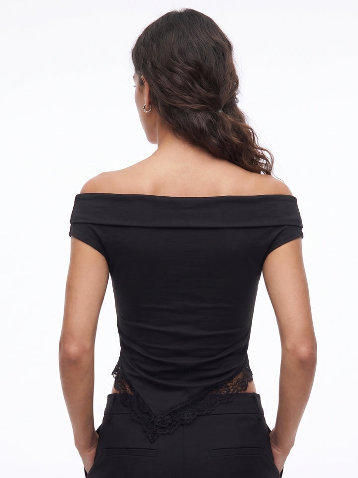 Black Off-Shoulder Top With Lace Hem