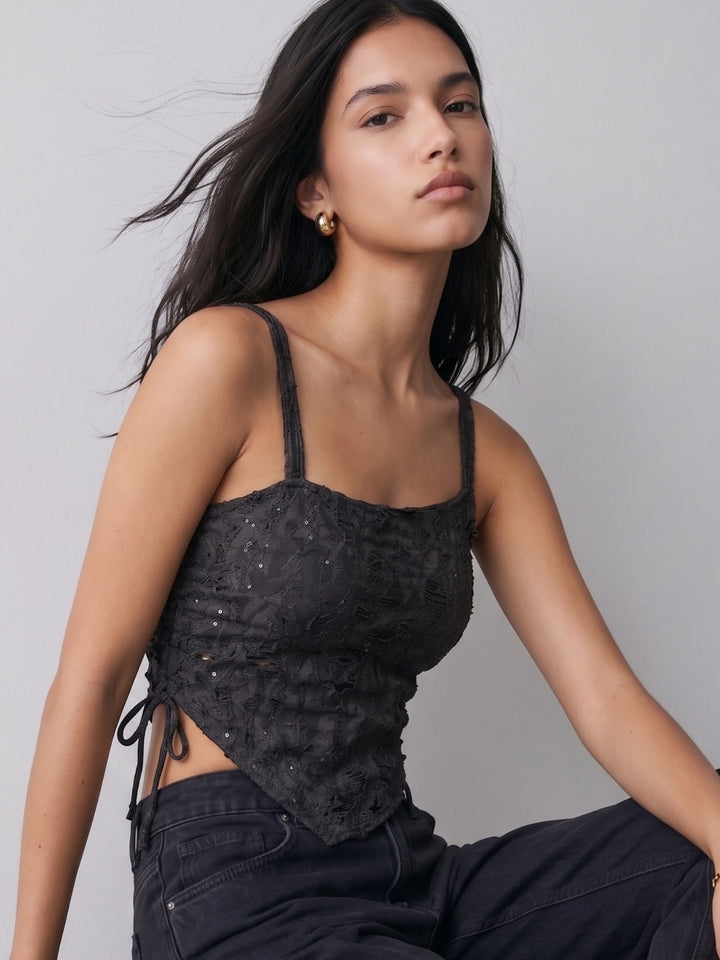 Charcoal Shoulder Strap U Hem Printed Top