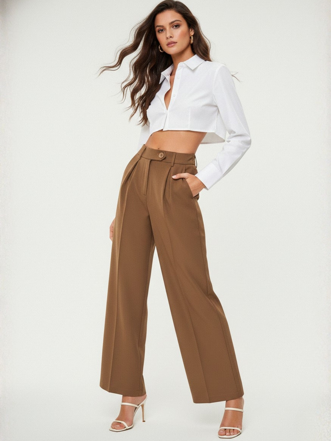 Brown Wide Leg Pleated Pants