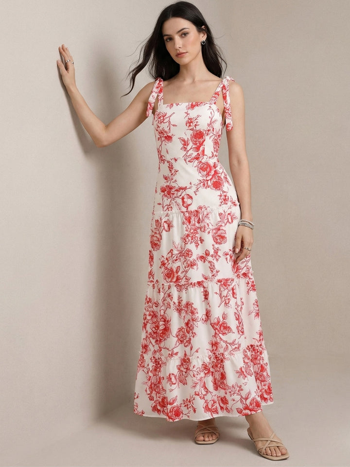 Pink Sleeveless Shoulder Tie-Up Printed Dress