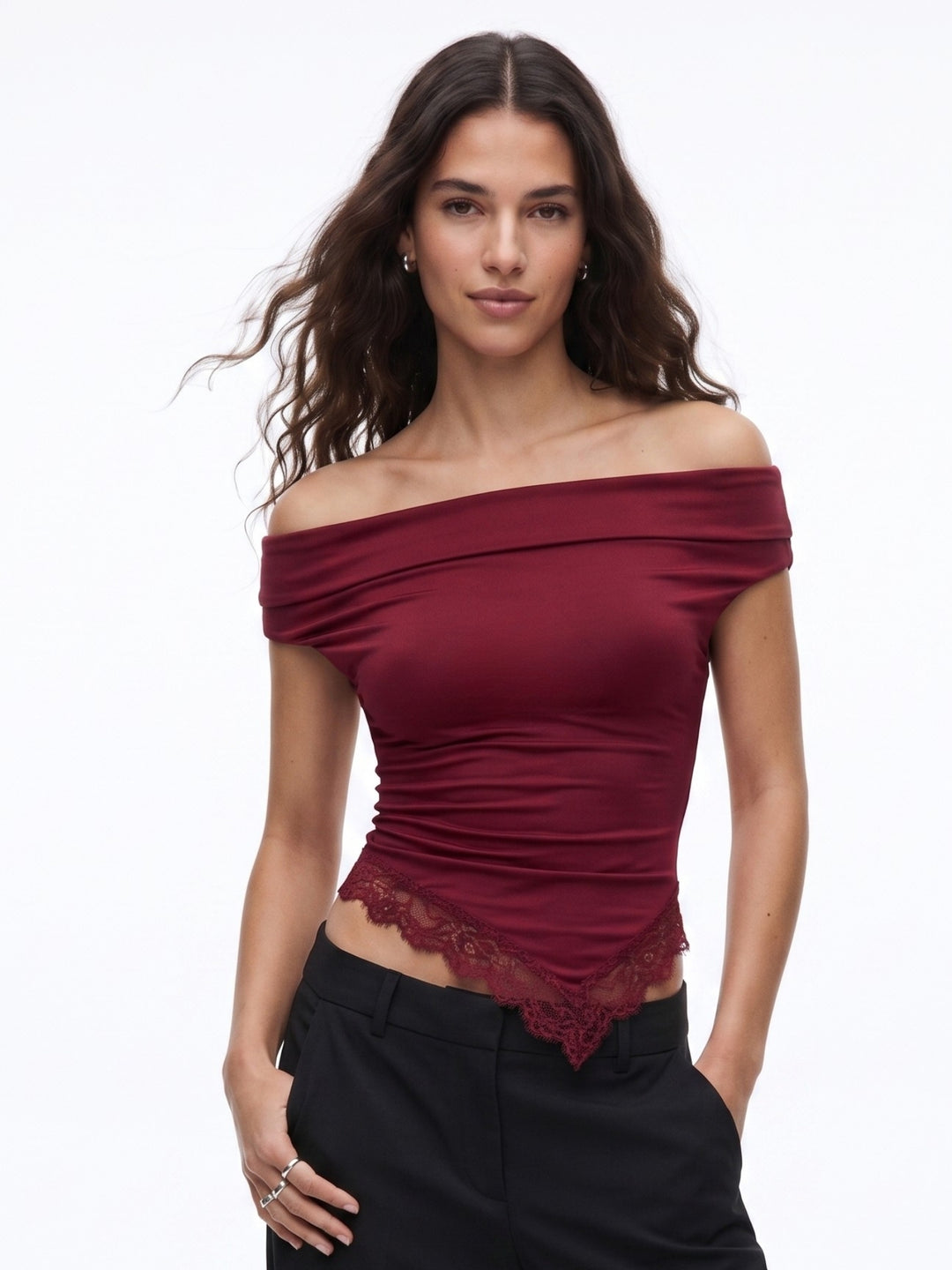 Burgundy Off-Shoulder Top With Lace Hem