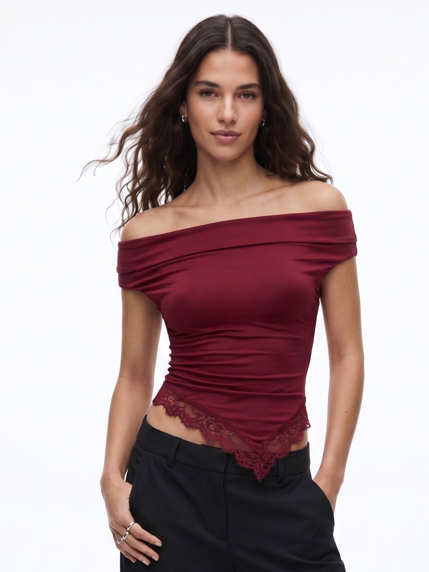 Burgundy Off-Shoulder Top With Lace Hem