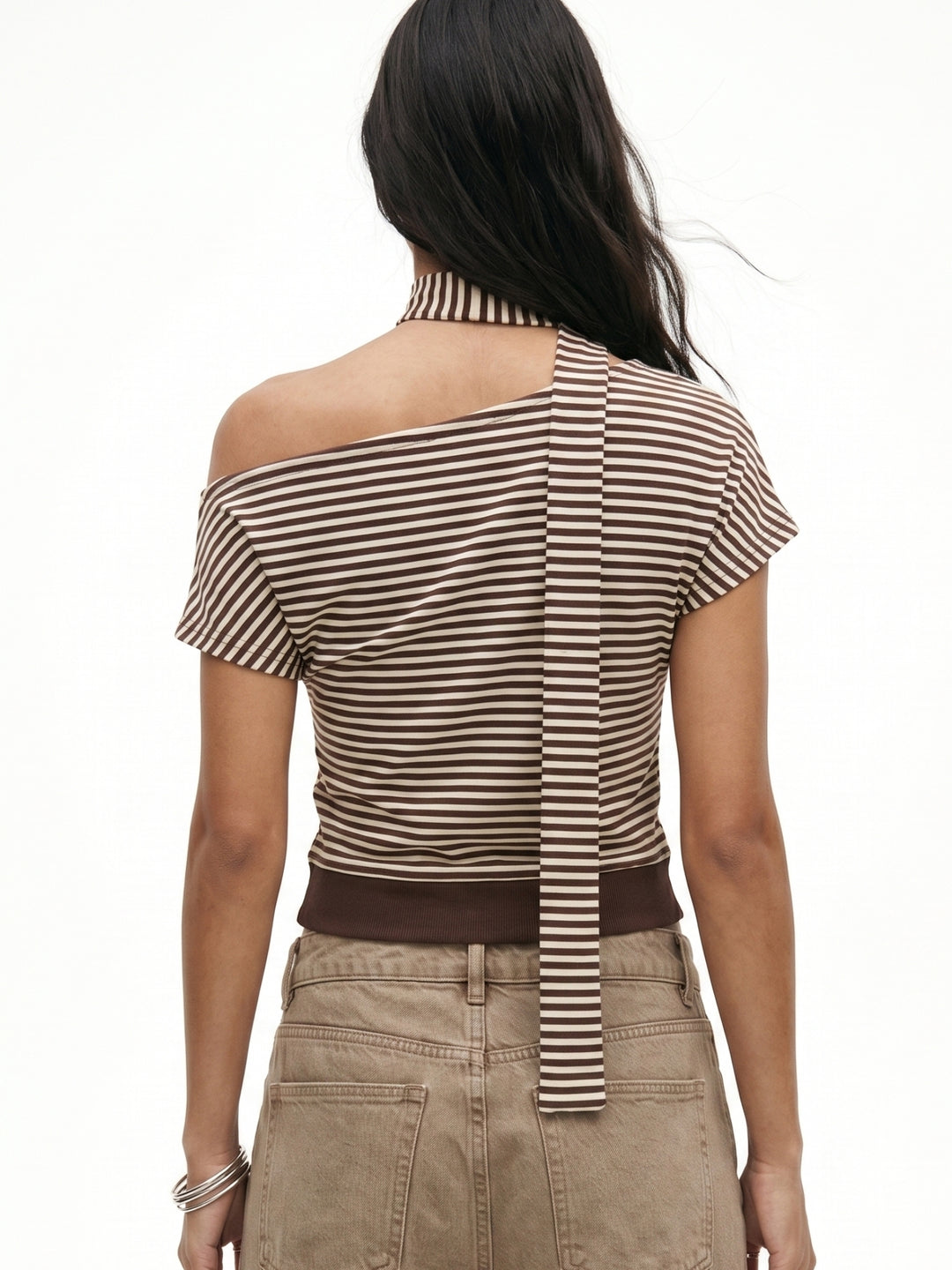 Brown One Shoulder Striped Neck Wrap Top
