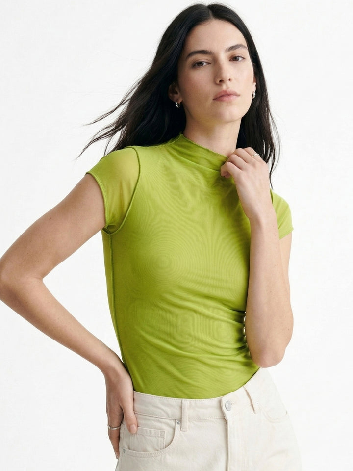 Green Short Sleeve Mock Neck Fitted Top