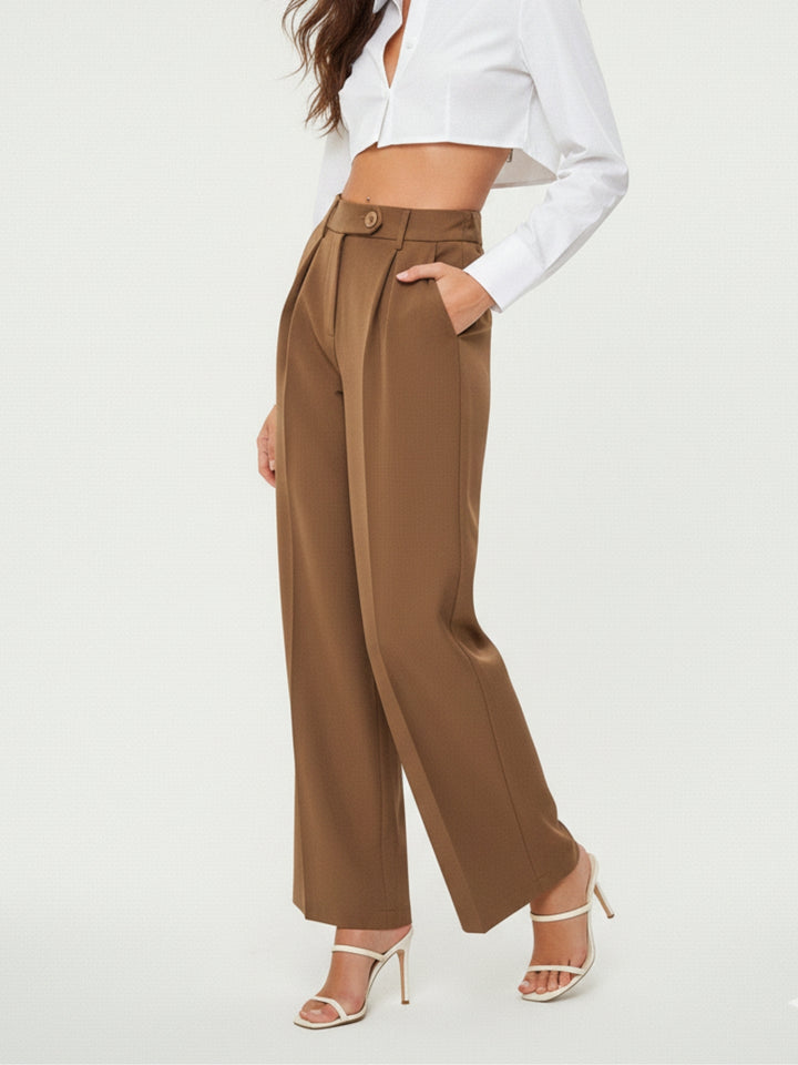 Brown Wide Leg Pleated Pants
