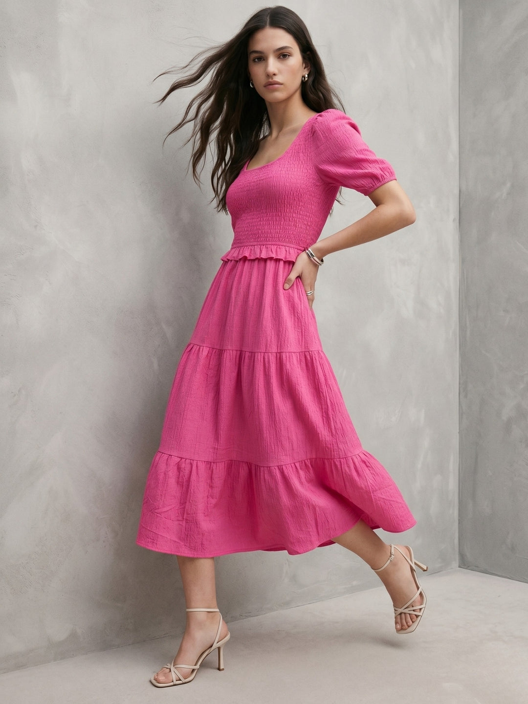 Pink Back Tie-Up Tiered Dress