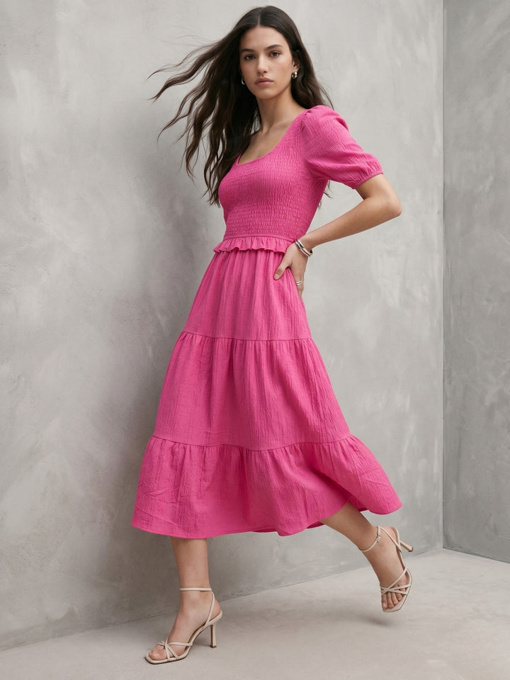 Pink Back Tie-Up Tiered Dress