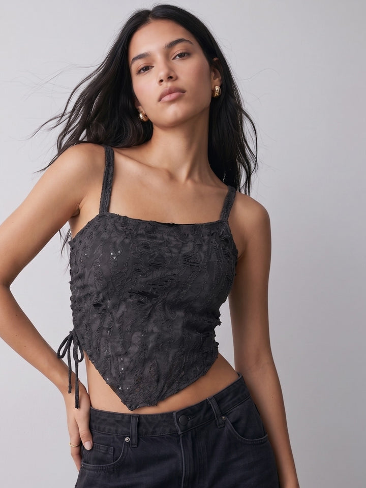 Charcoal Shoulder Strap U Hem Printed Top