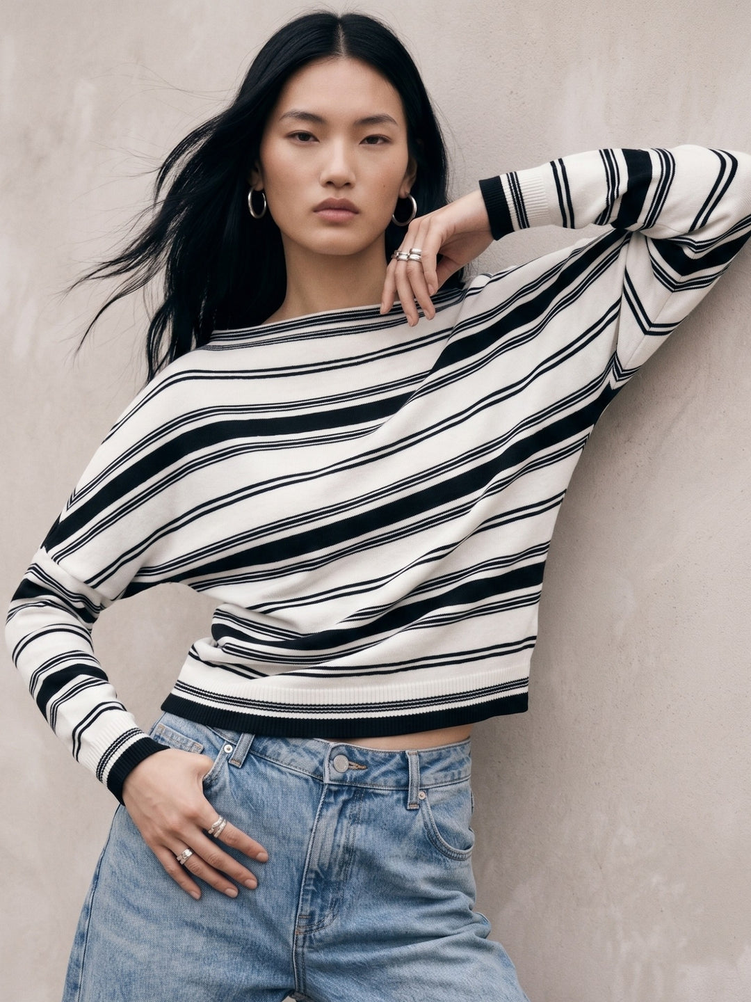 Cream Off-Shoulder Thick Striped Top