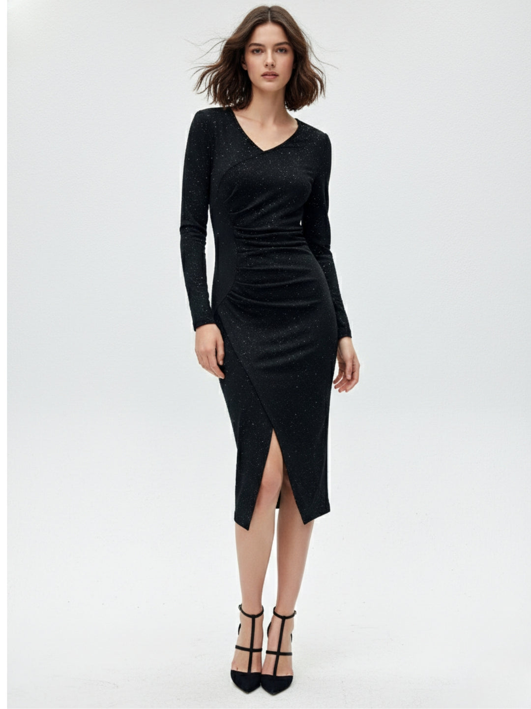 Black Shimmer Wrap Midi Dress