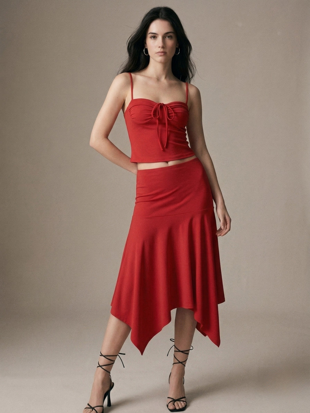 Red Spaghetti Strap Fitted Top And Flared Skirt