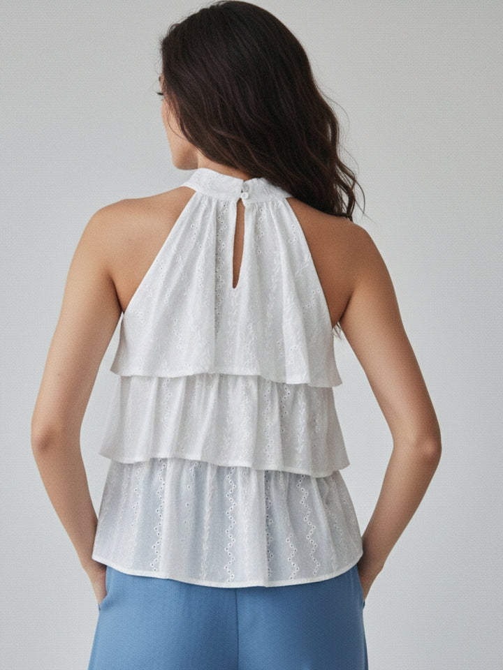 White Halter Neck Tiered Top