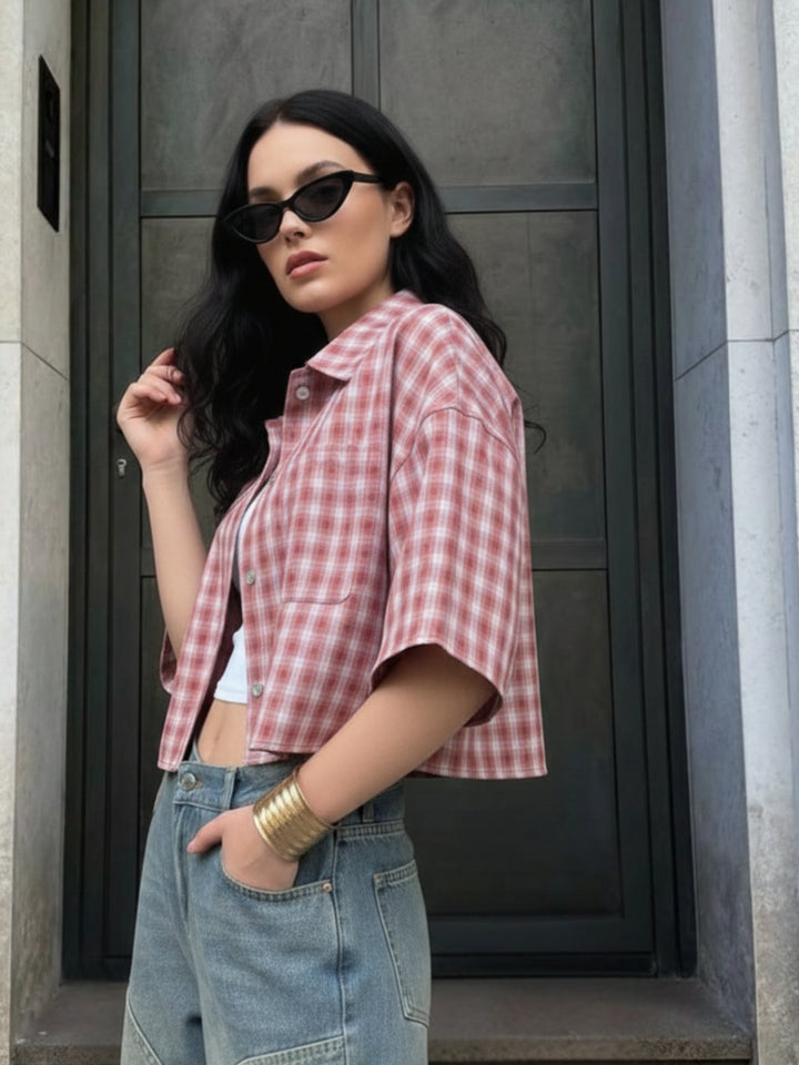 Pink Short Sleeve Front Buttoned Collar