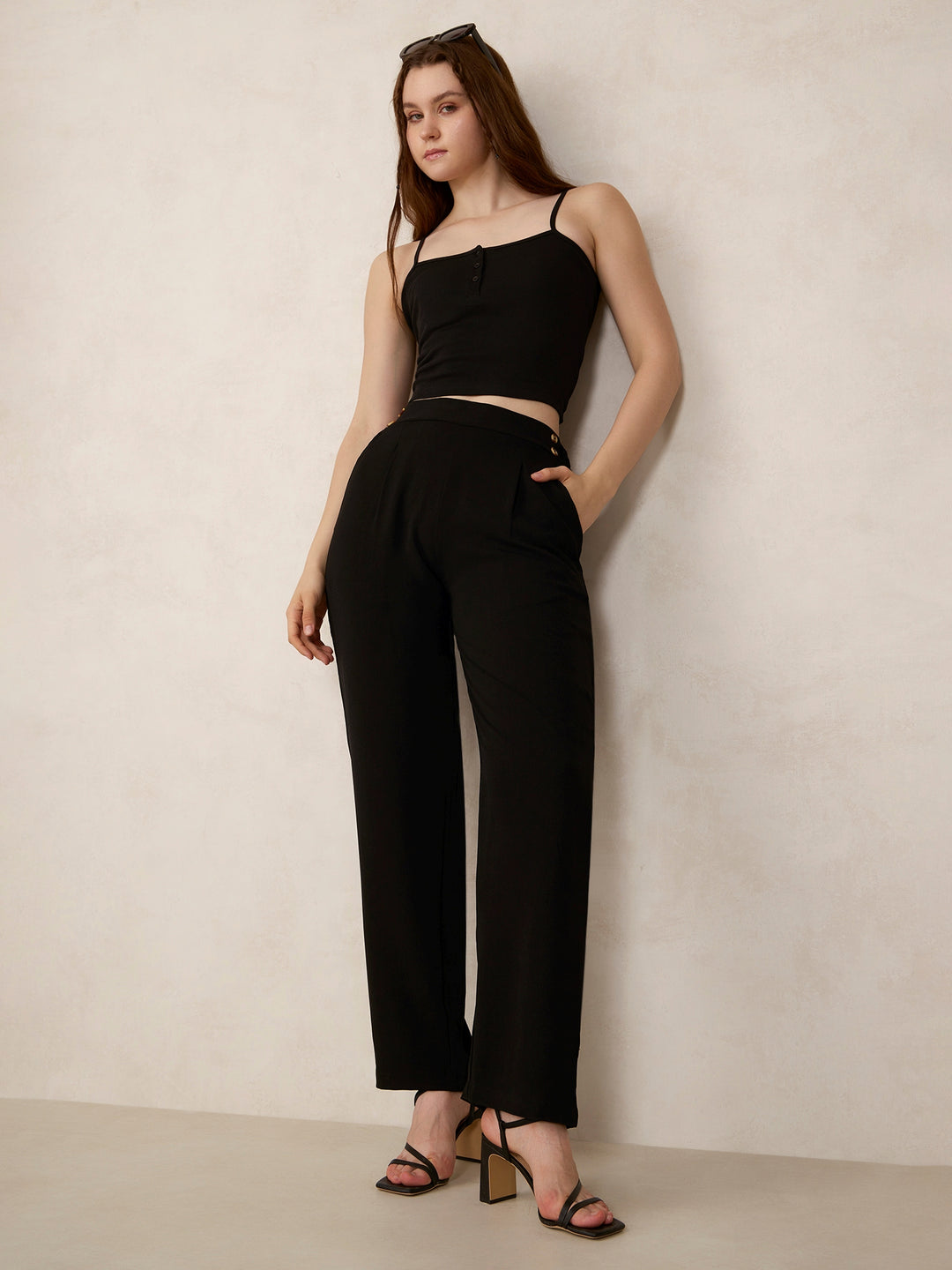 Black Waist Button Pull On Pants