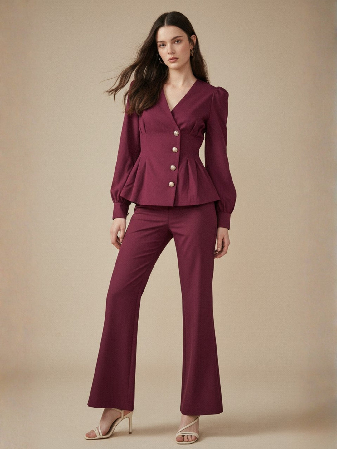 Wine Cinched Waist Vest Top With Pants Co-Ord Set