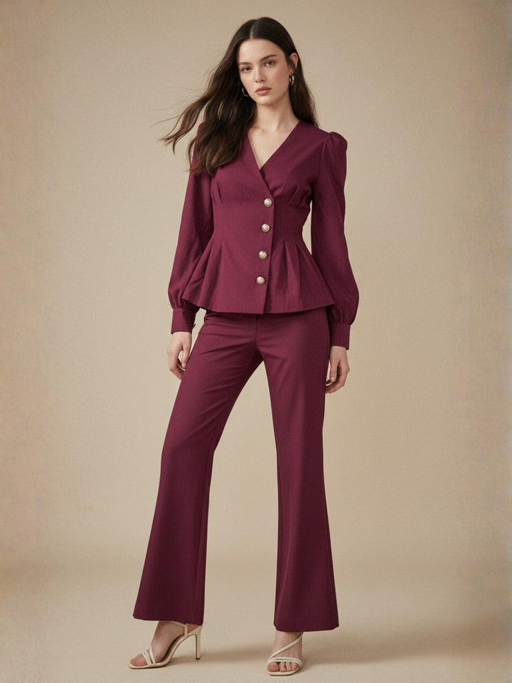 Wine Cinched Waist Vest Top With Pants Co-Ord Set