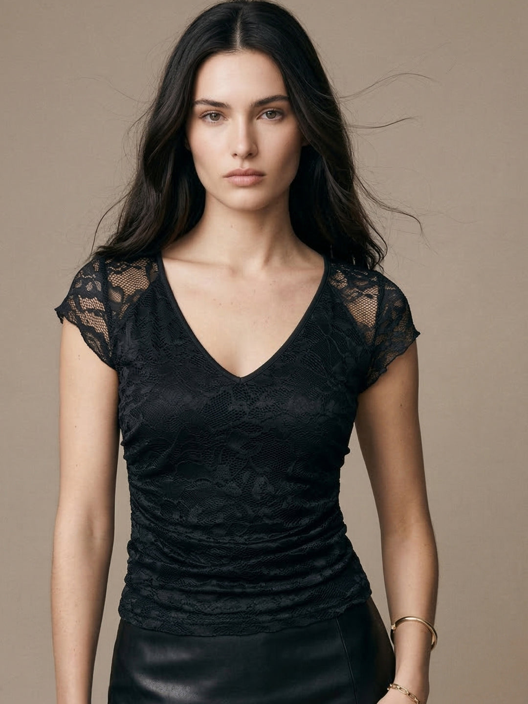 Black Lace Sleeve V Neck Top