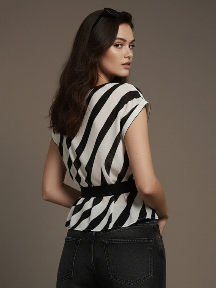 White Dual Striped Top With Waist Tie Up Detail