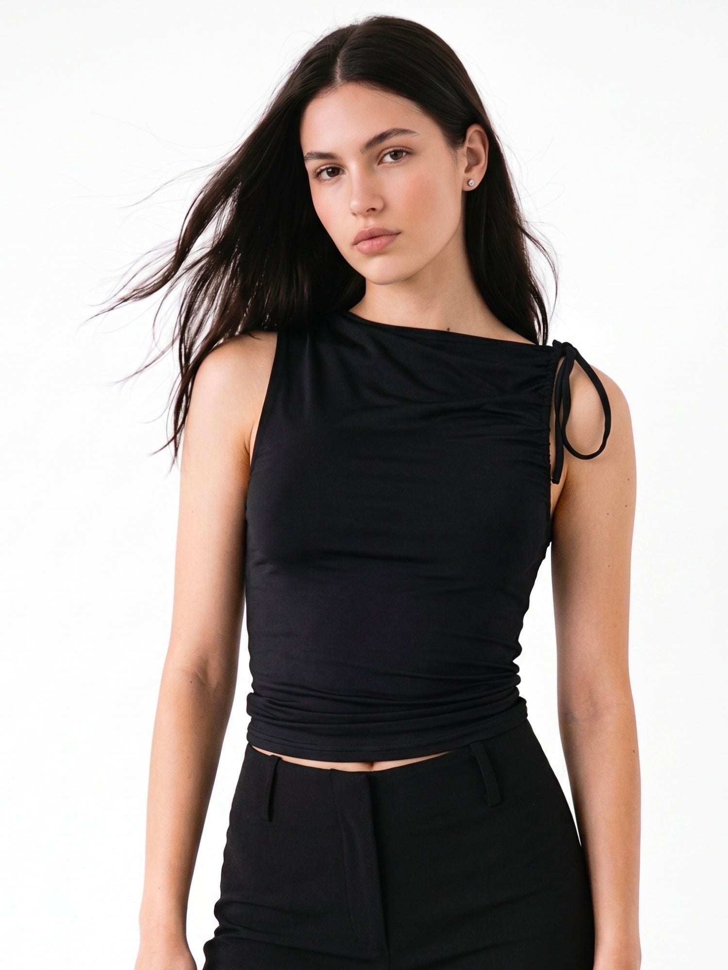 Black Gathered Sleeve Top