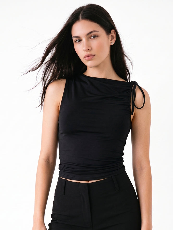 Black Gathered Sleeve Top
