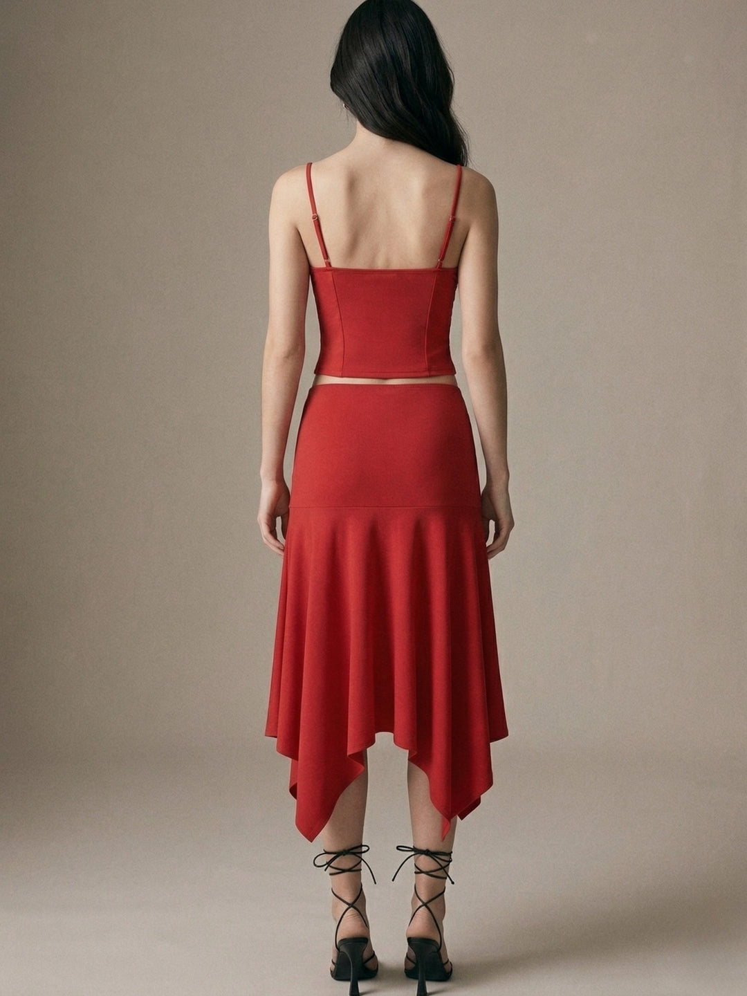 Red Spaghetti Strap Fitted Top And Flared Skirt