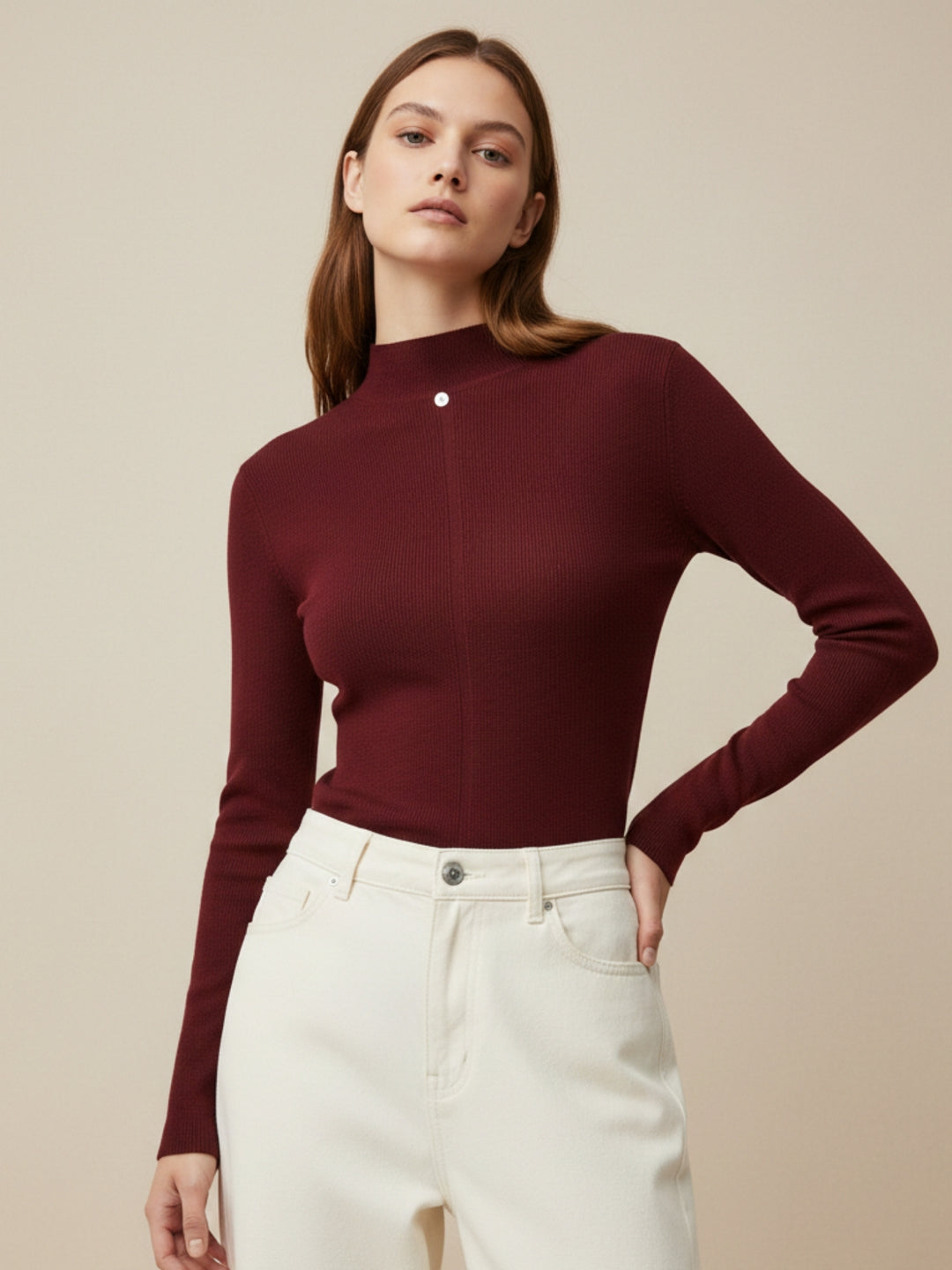 Wine Centre Seam Detailed High Neck Top