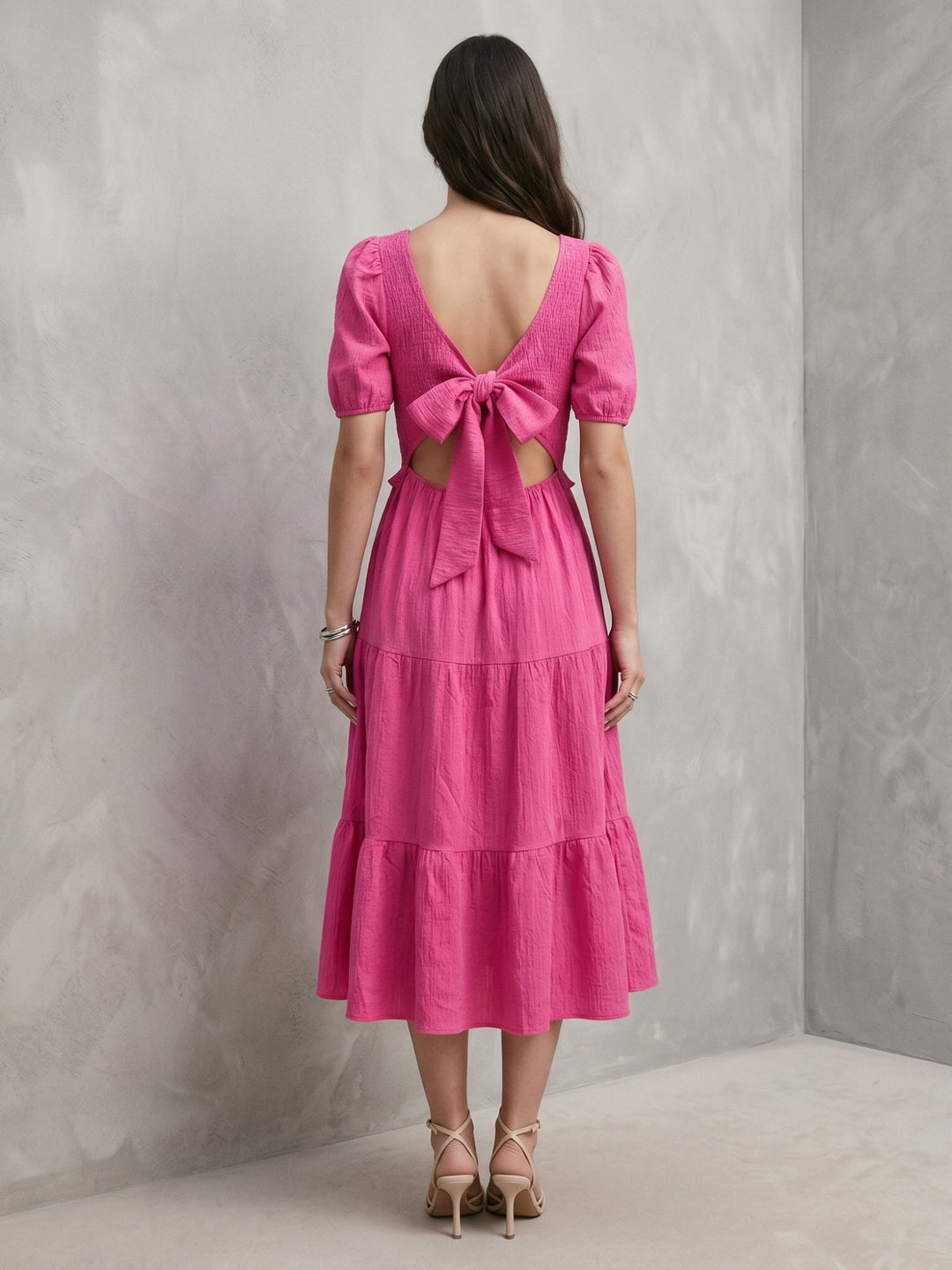 Pink Back Tie-Up Tiered Dress