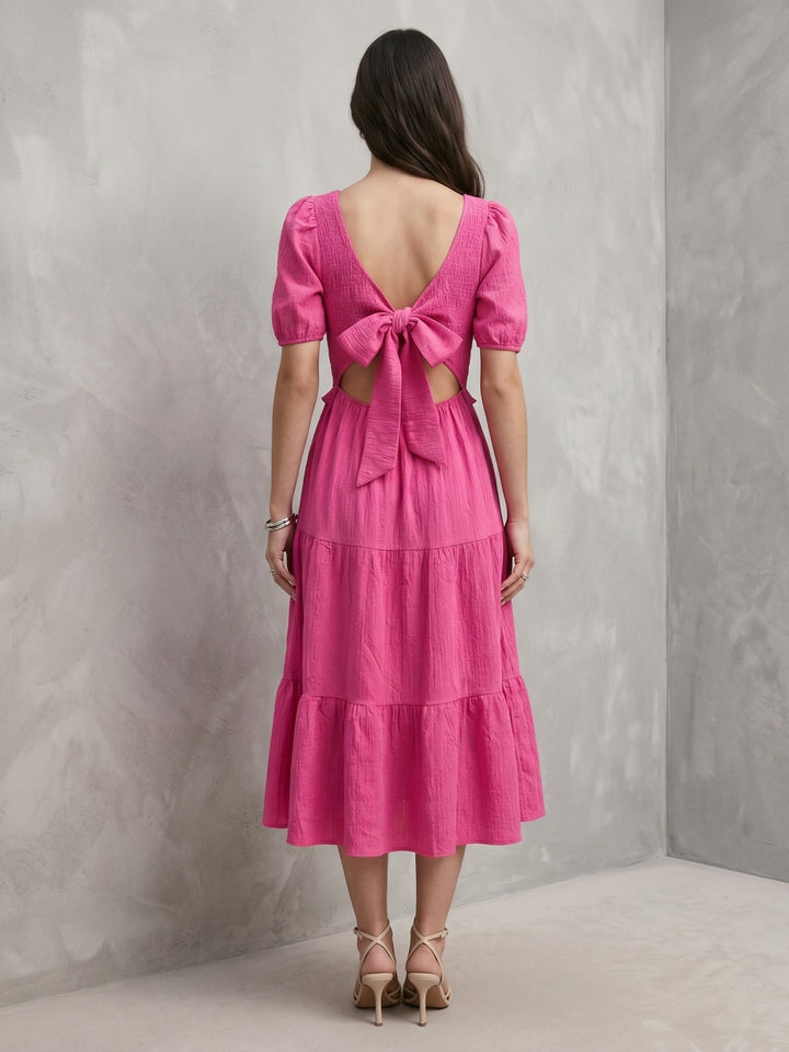 Pink Back Tie-Up Tiered Dress