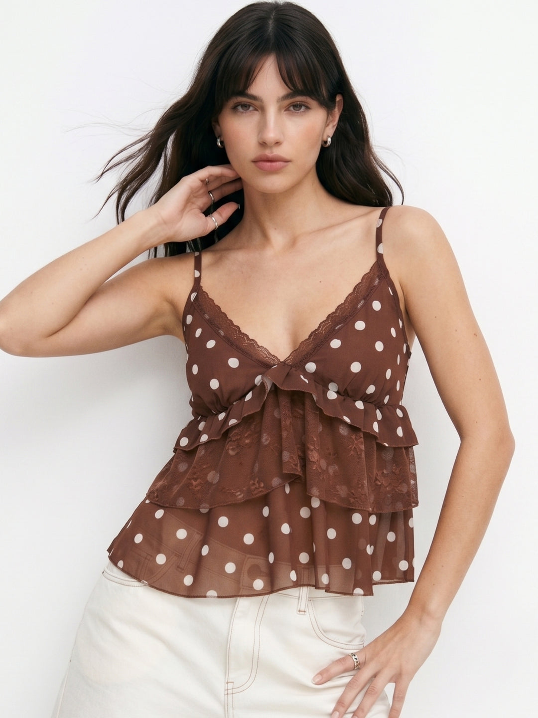 Brown Spaghetti Strap Polka Printed Tiered Top